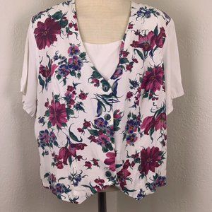 Vintage Fritzi Plus Size Floral White Blouse, button coverup/breastfeeding, 2X